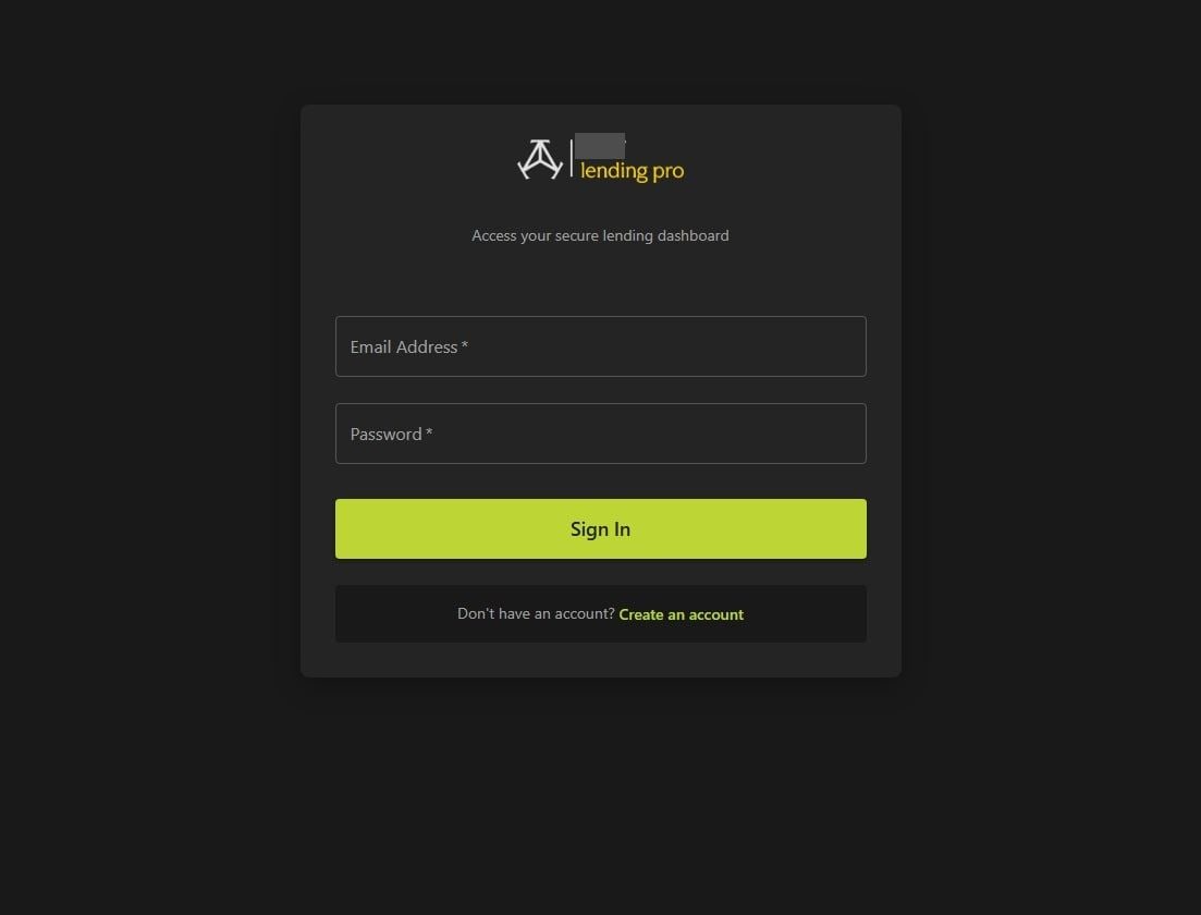 Lending console sign-in. The session can arrive from the account cookie. Brand names are blurred.