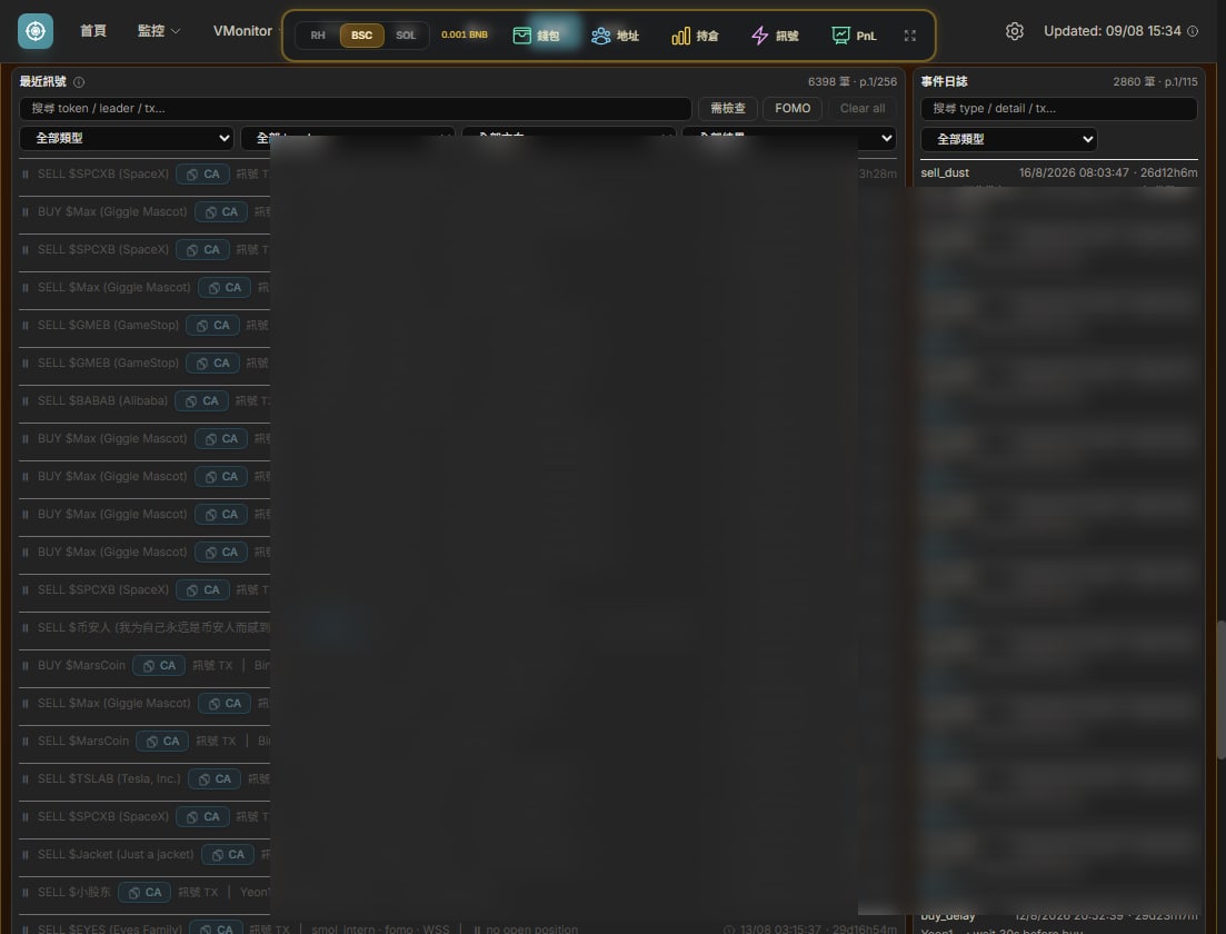 Copy-trade signals by side and token. Leader names are blurred.