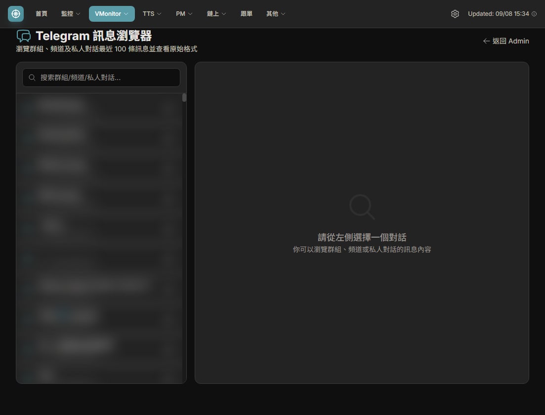 Telegram message explorer. Room names and IDs are blurred.